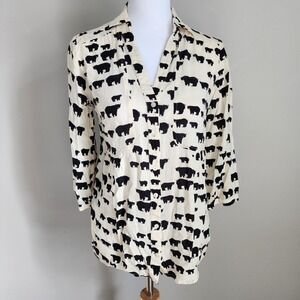 Maeve Anthropologie Bear Print Shirt Womens 4 Ivory Black Rayon Tunic Blouse Top